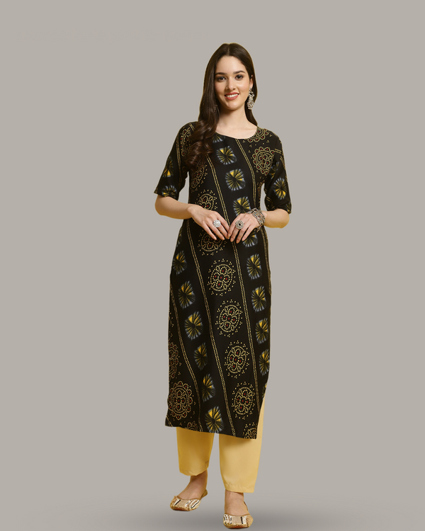 Charcoal Yellow Printed Kurta With Pant