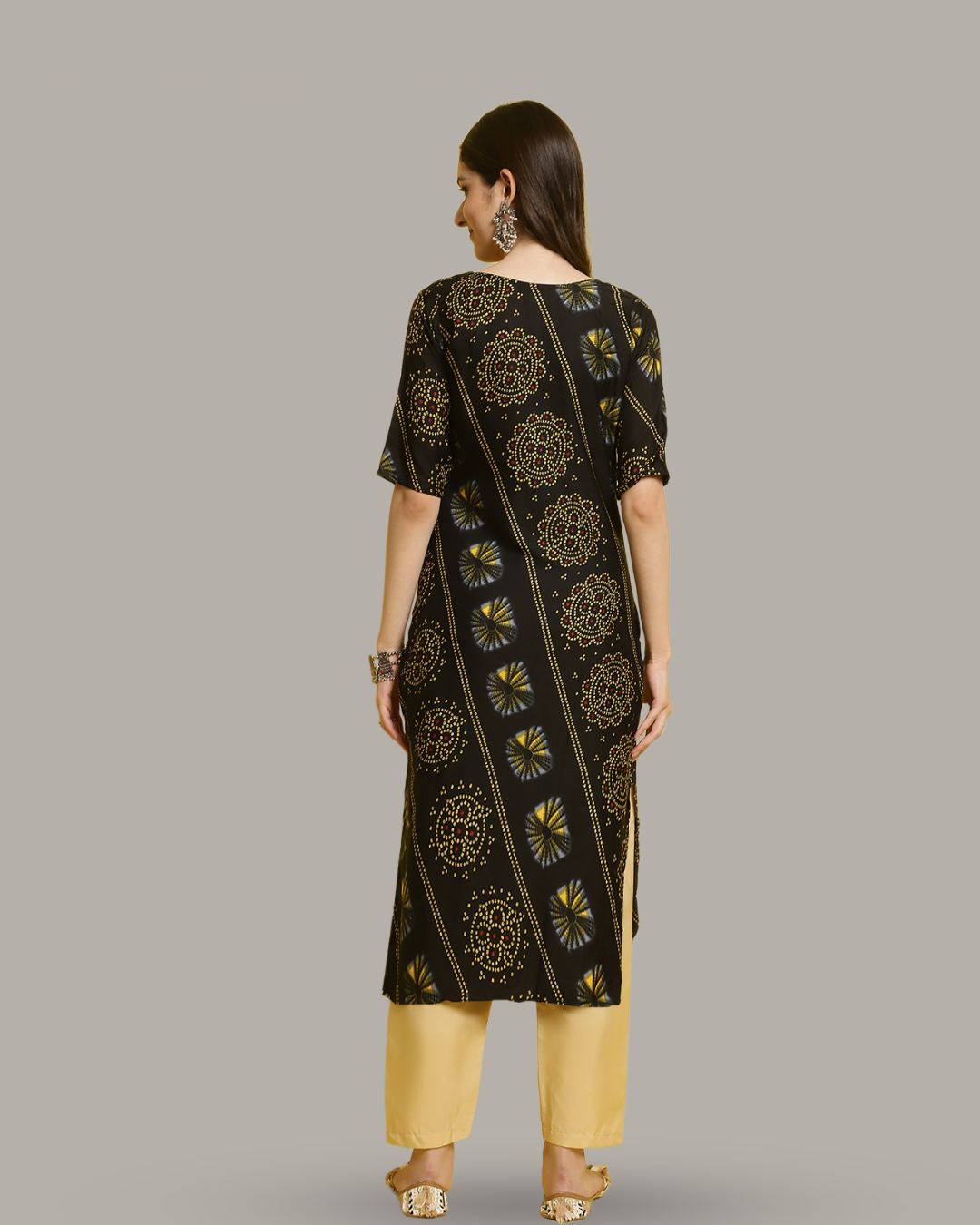 Charcoal Yellow Printed Kurta With Pant
