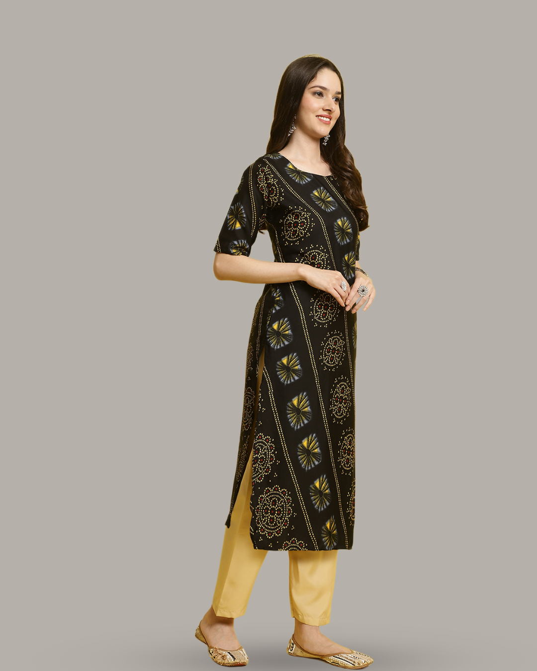 Charcoal Yellow Printed Kurta With Pant