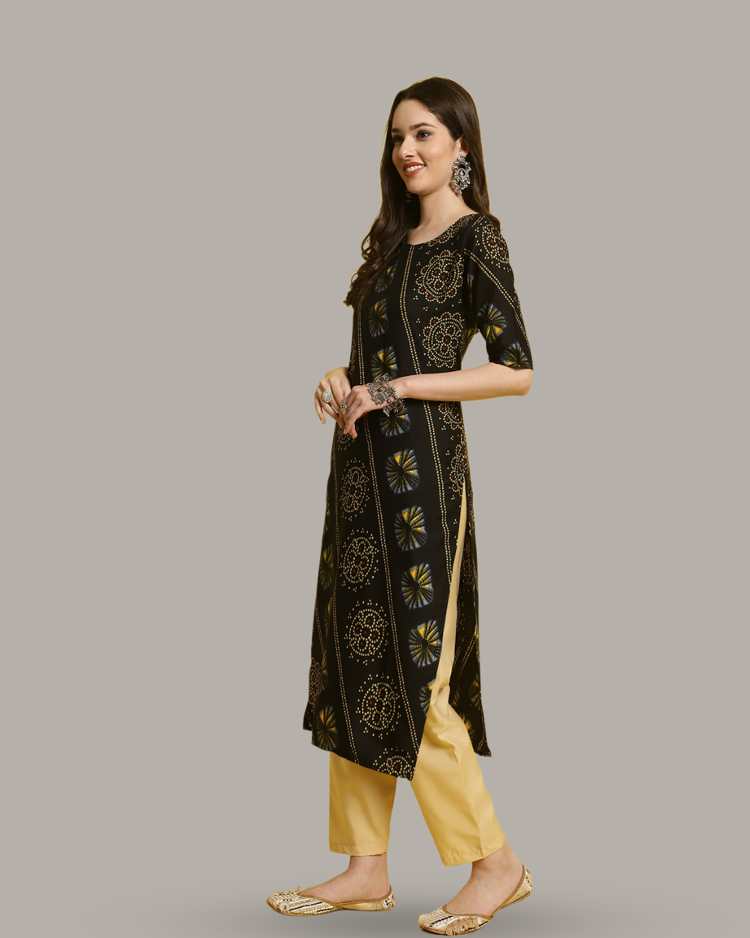Charcoal Yellow Printed Kurta With Pant