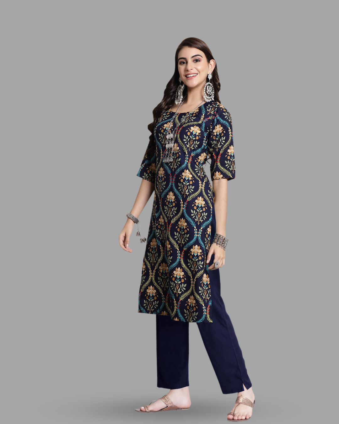 Navy Blue Ethnic Print Kurta With Pant