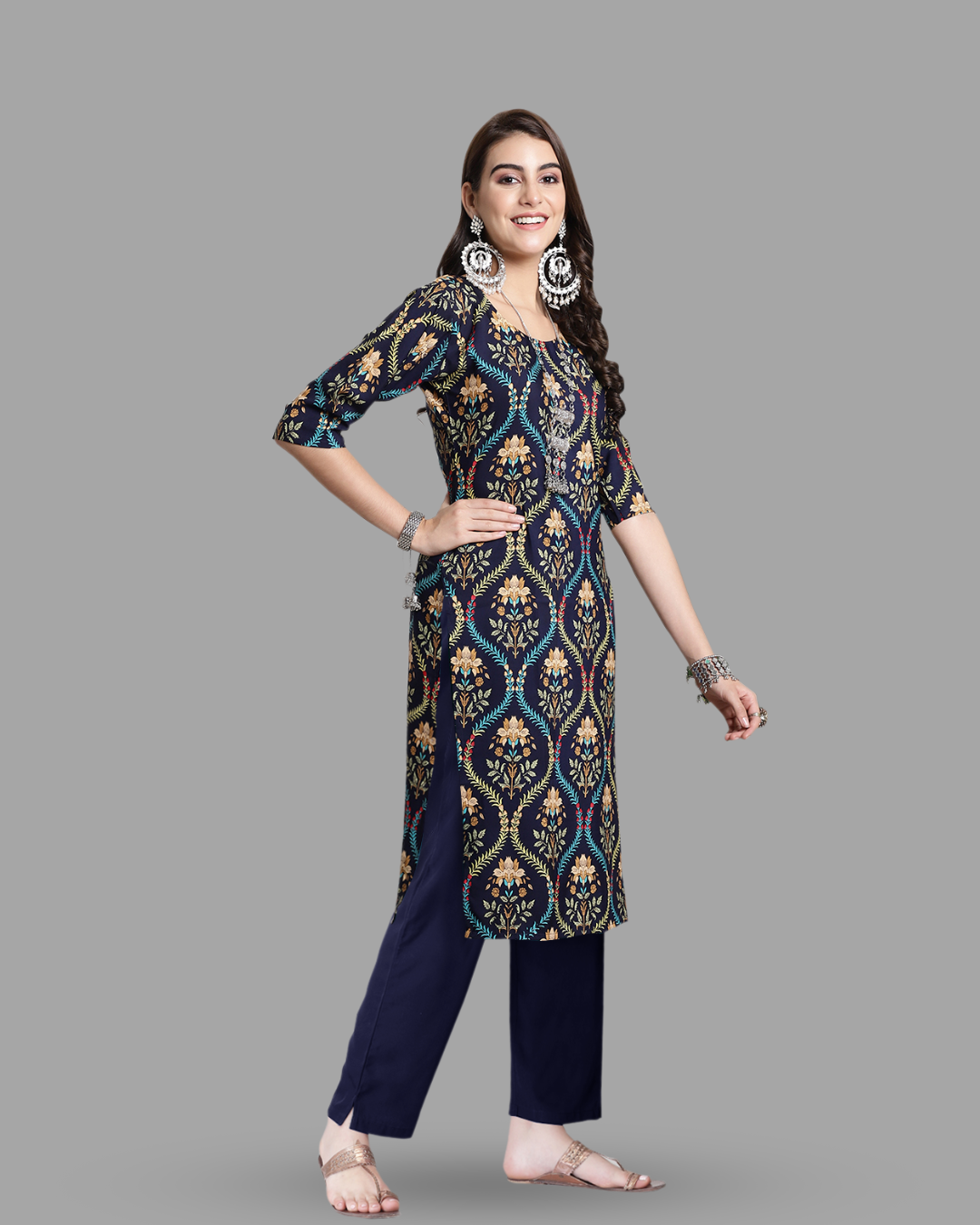 Navy Blue Ethnic Print Kurta With Pant