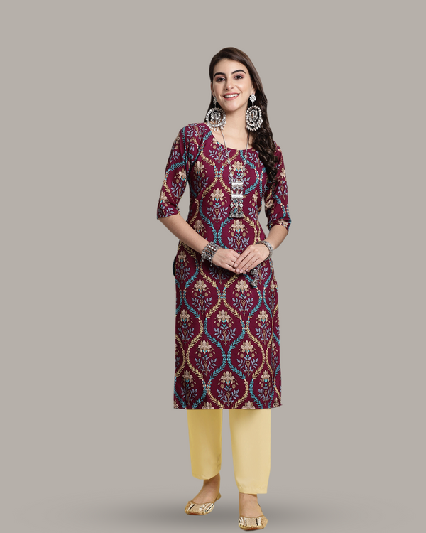 Maroon Ethnic Print Kurta With Pant