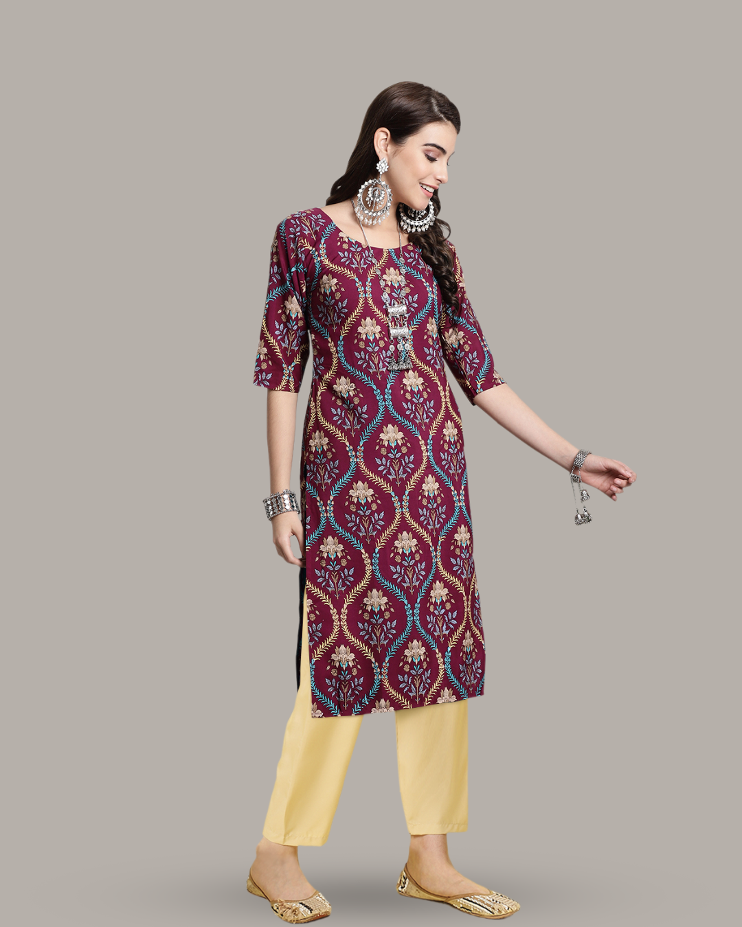 Maroon Ethnic Print Kurta With Pant
