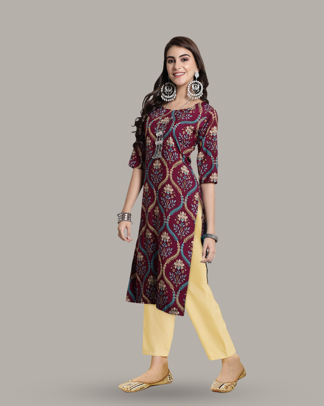 Maroon Ethnic Print Kurta With Pant