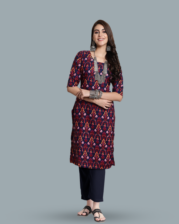 Tropical Navy Blue Print Kurta With Pant