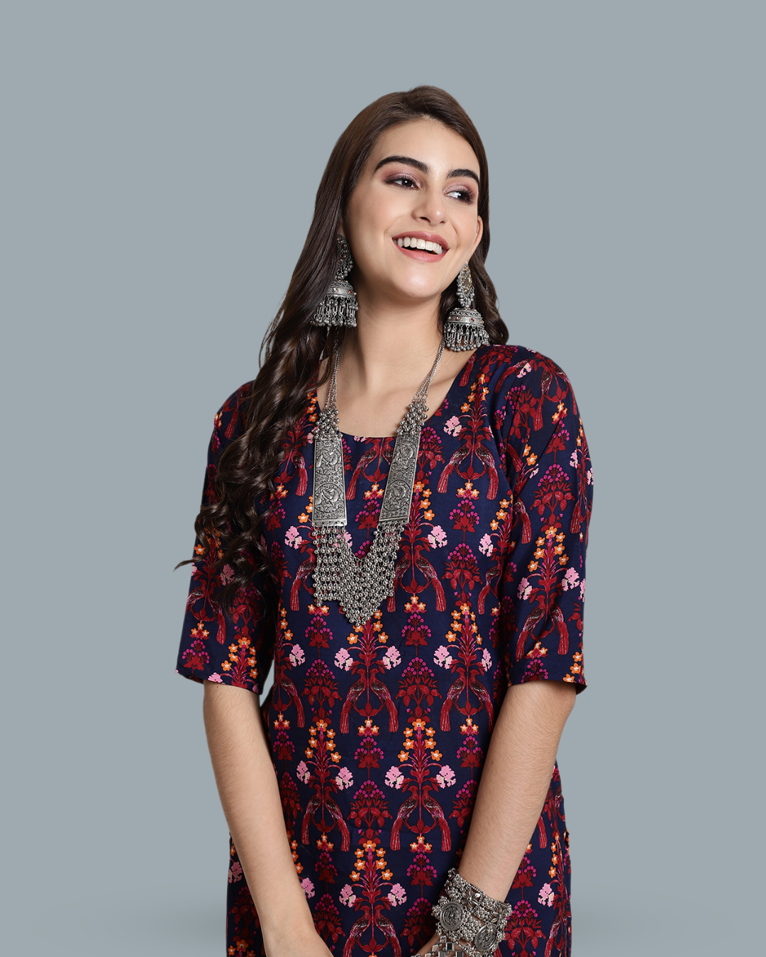 Tropical Navy Blue Print Kurta With Pant