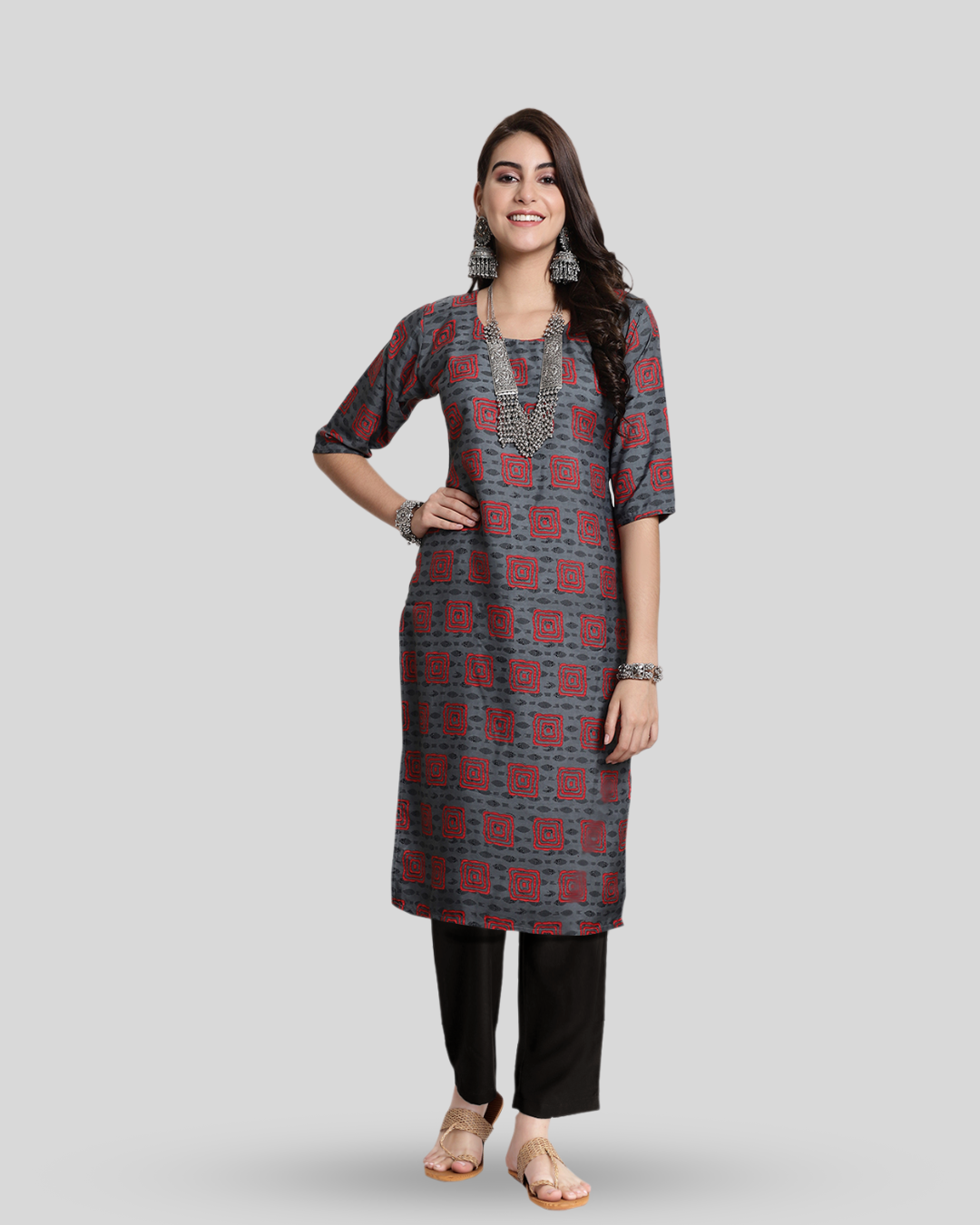 Grey Layered Square Printed Kurta With Pant