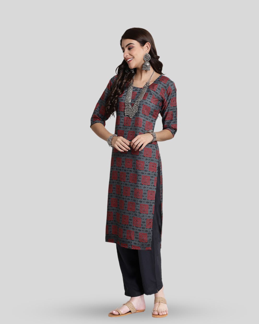 Grey Layered Square Printed Kurta With Pant