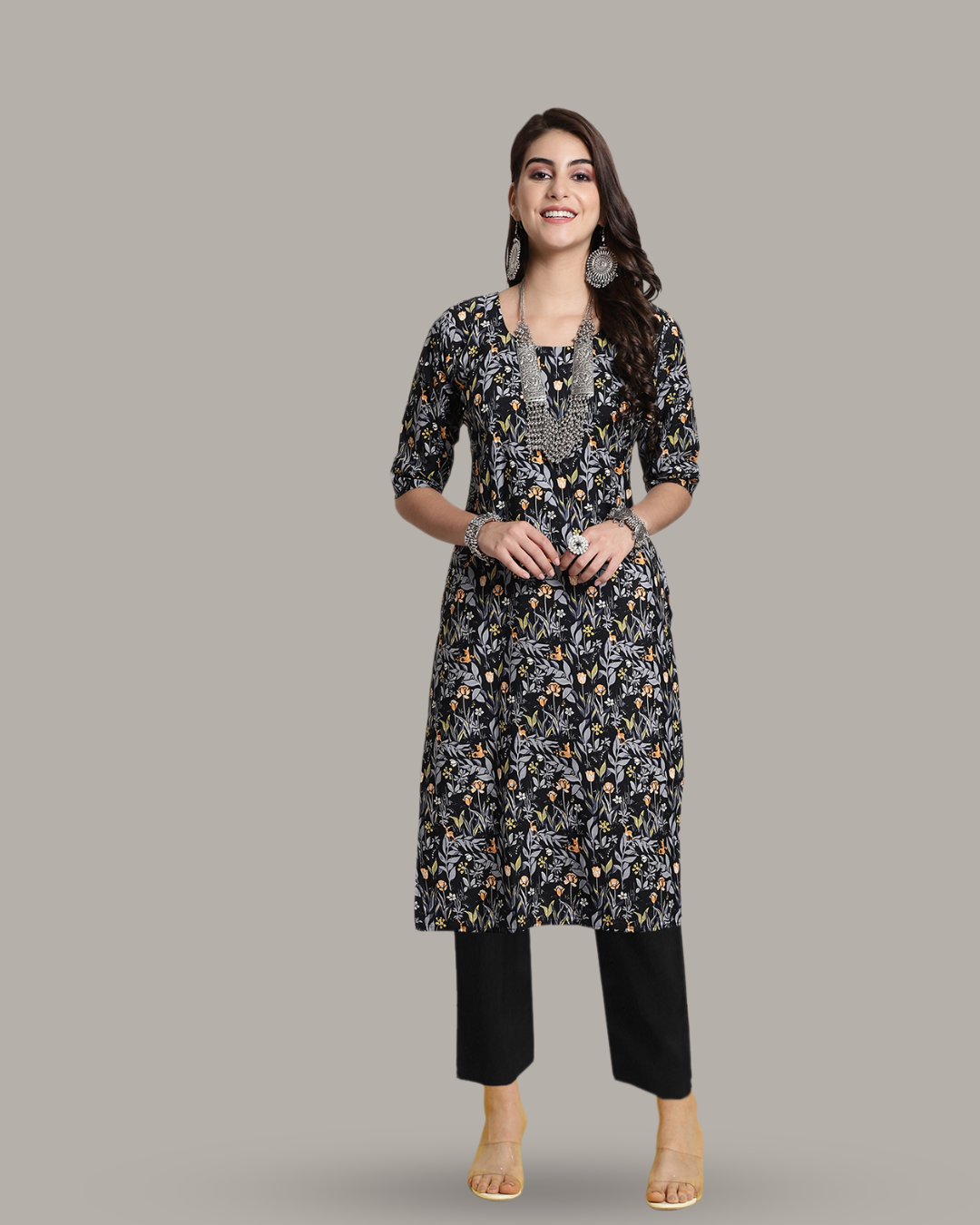 Springtime Black Floral Print Kurta With Pant