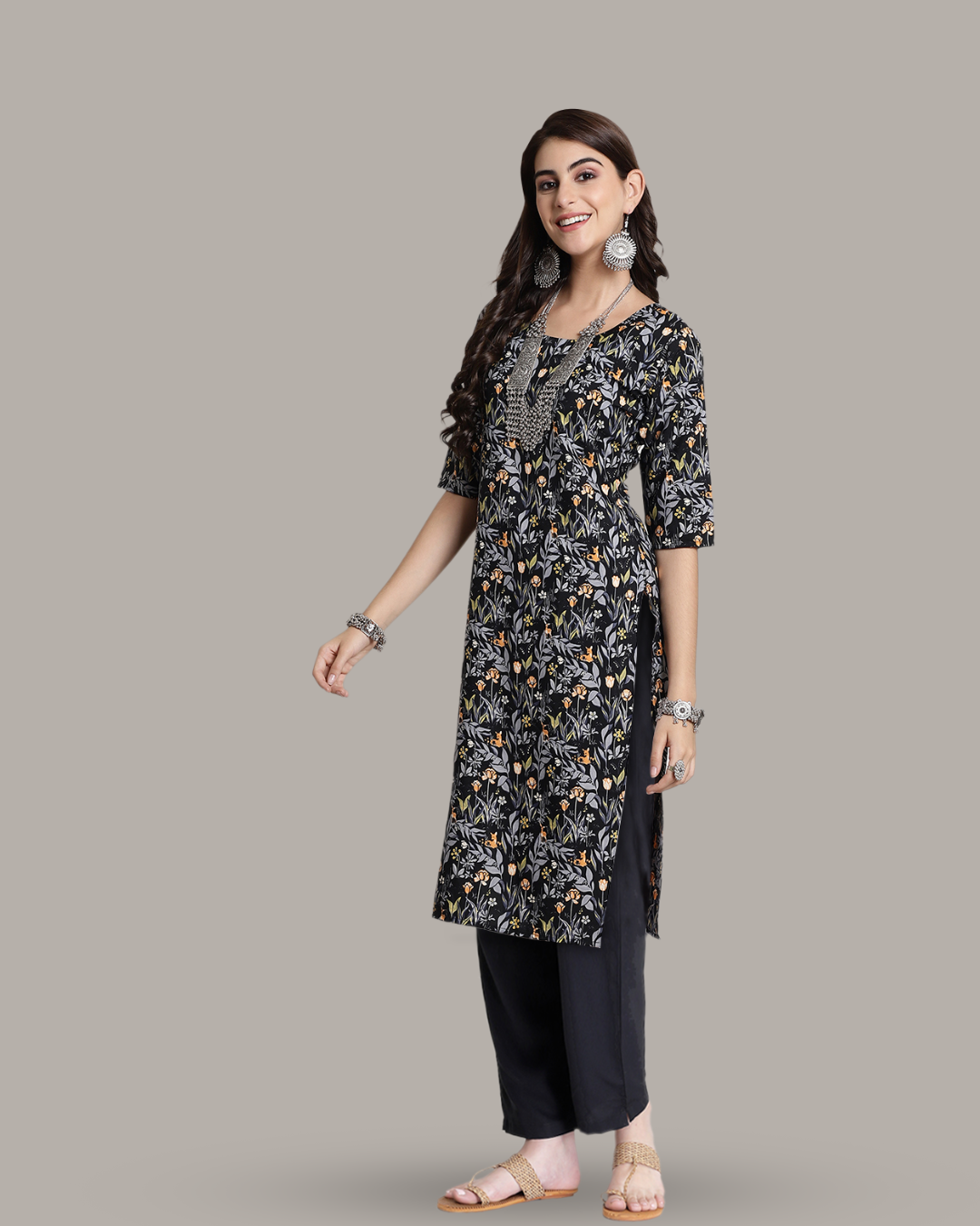 Springtime Black Floral Print Kurta With Pant