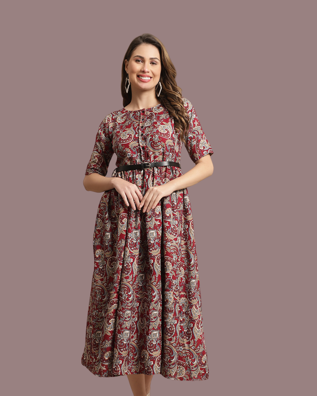 Maroon Cultural Print Maxi Dress