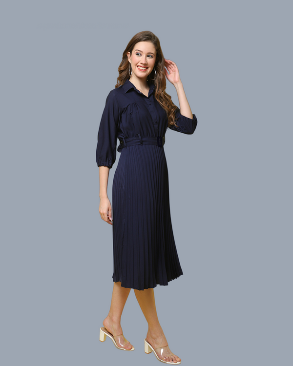 Navy Elegance Pleated Maxi Dress