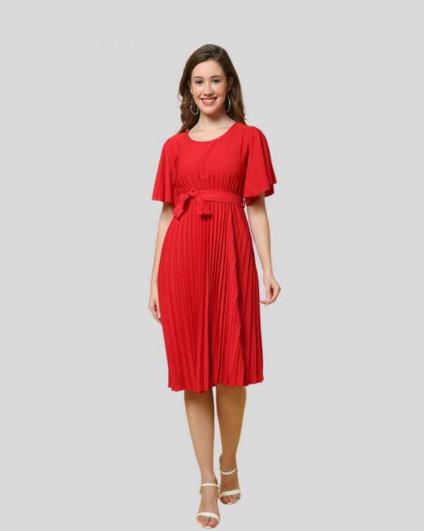 Red Smocked Pleated Maxi Dress