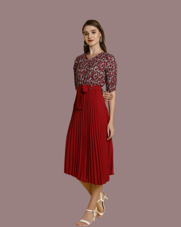 Pleated Red Blossom Maxi Dress