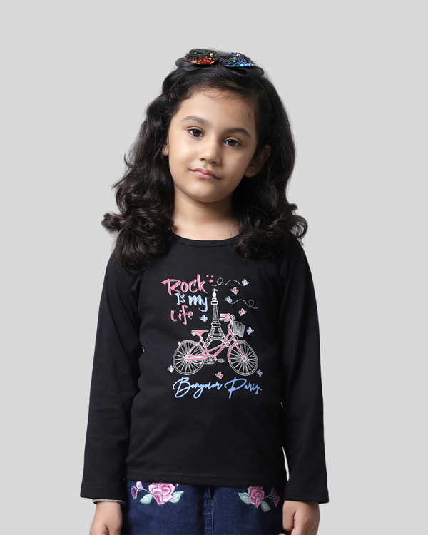 Girls Black Printed T-shirt